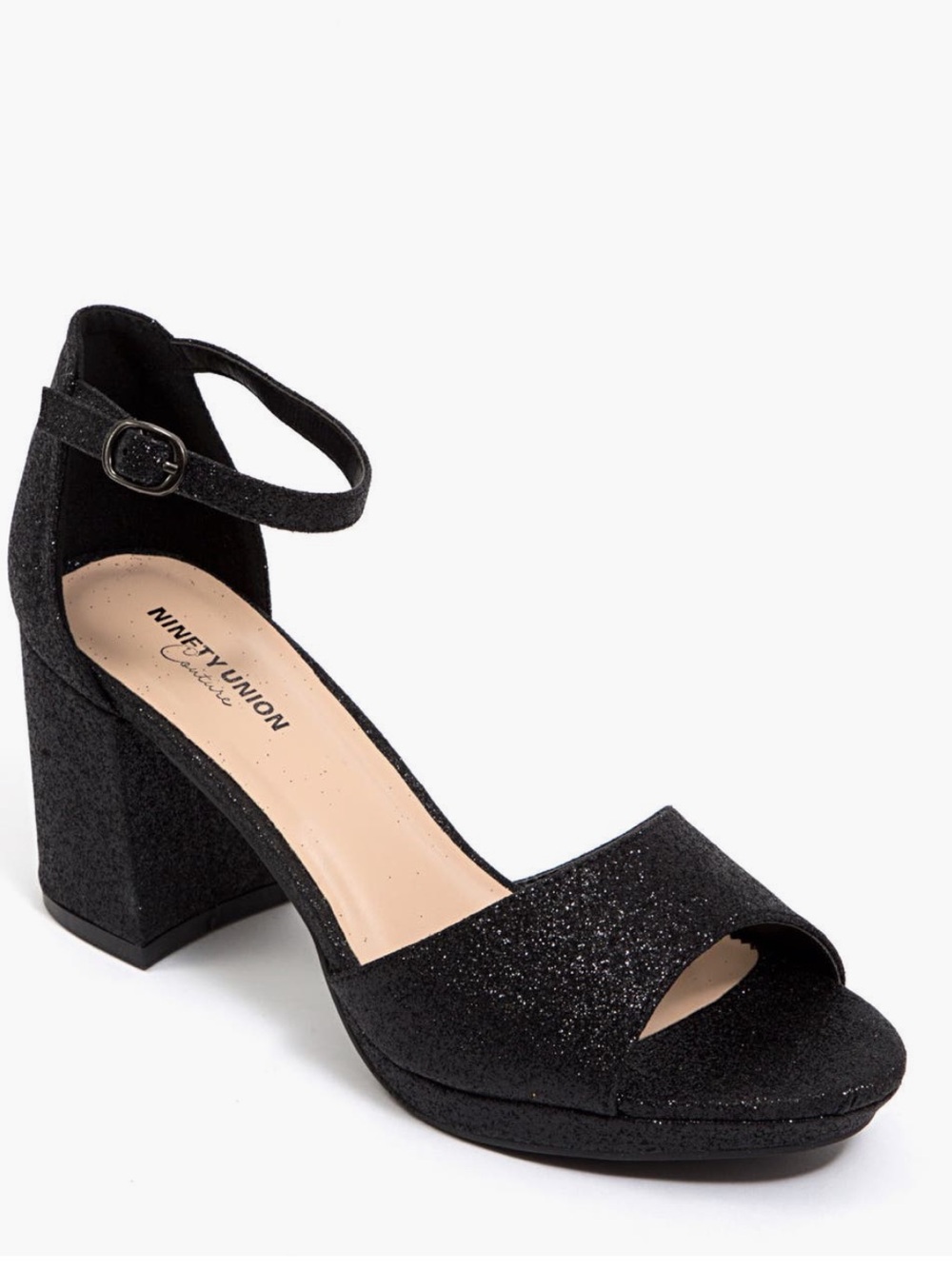 Nine West Union Black Glitter Block Heel Ankle-Strap Sandal
